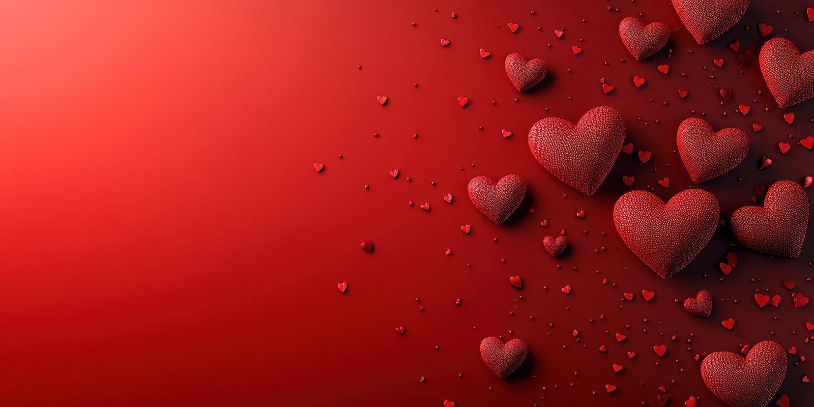 Festive red hearts scattered on a vibrant background create a romantic atmosphere for celebrations and special occasions